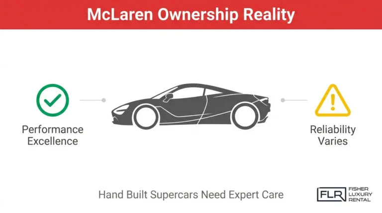 McLaren ownership reality infographic showing performance excellence, variable reliability, and expert care needs for hand-built supercars.