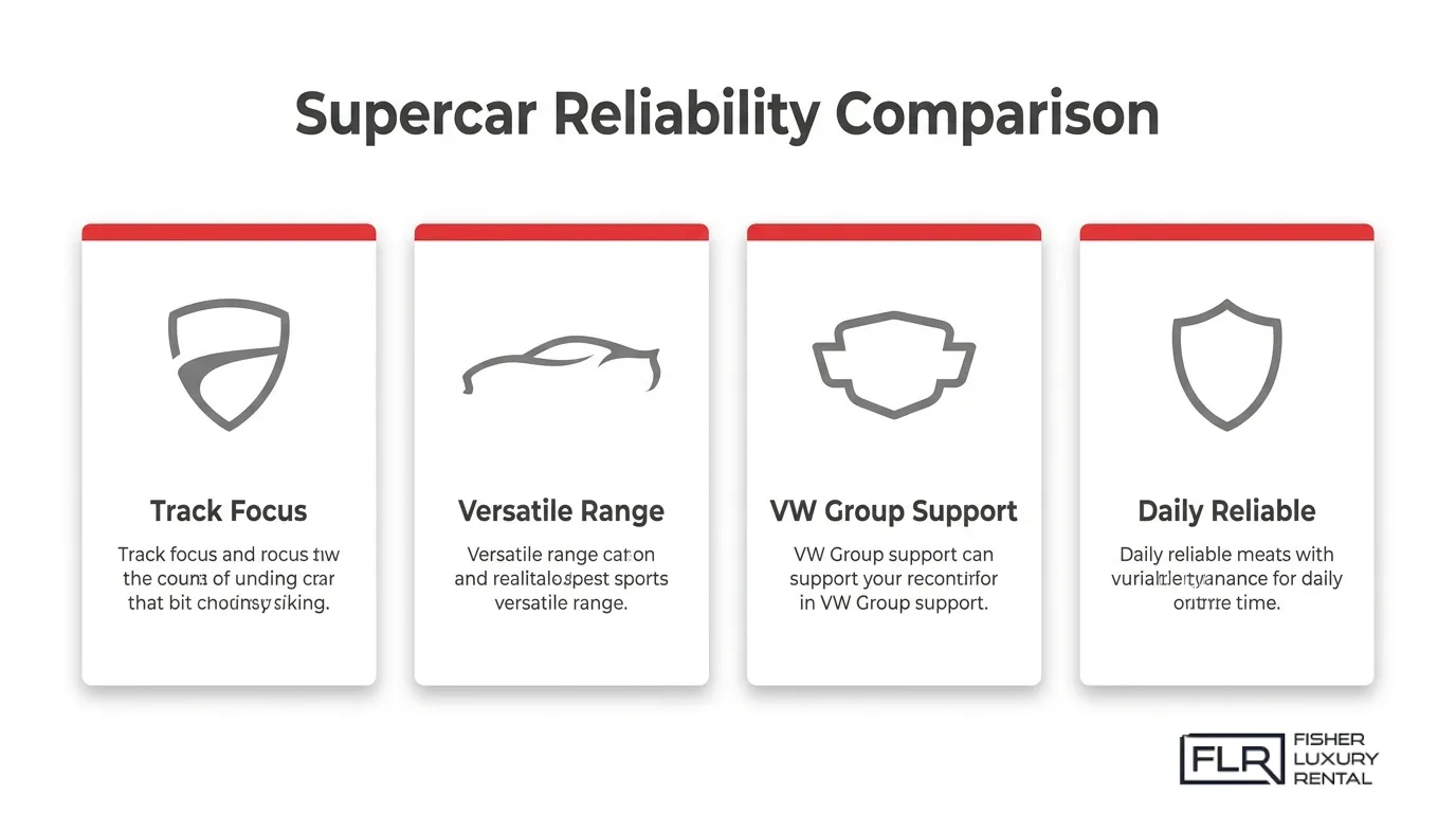 Supercar reliability comparison infographic showing track focus, versatile range, VW Group support, and daily reliability factors.