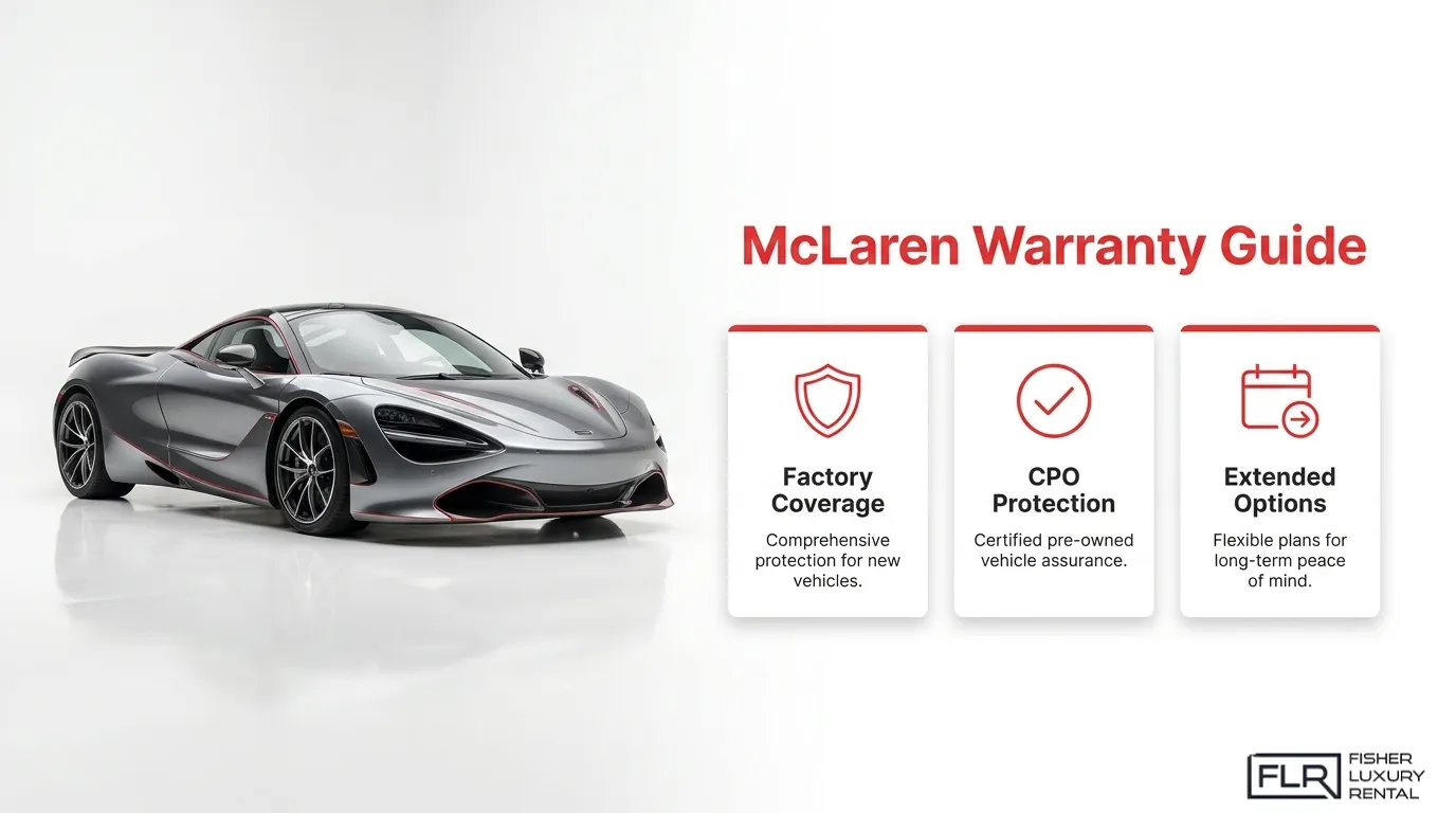McLaren warranty guide image showing a silver McLaren with factory coverage, CPO protection, and extended warranty options.