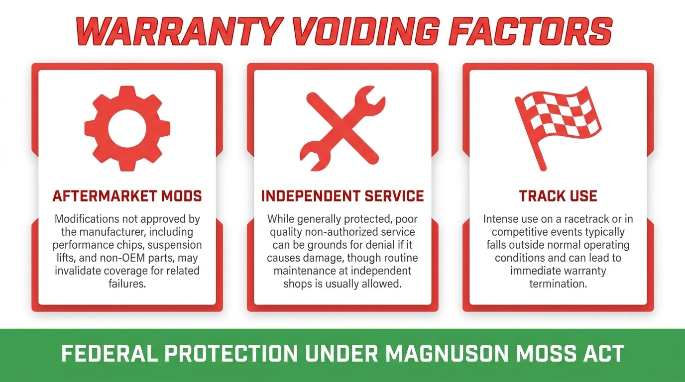 McLaren warranty voiding factors infographic covering aftermarket modifications, independent service risks, track use, and Magnuson Moss Act protection.