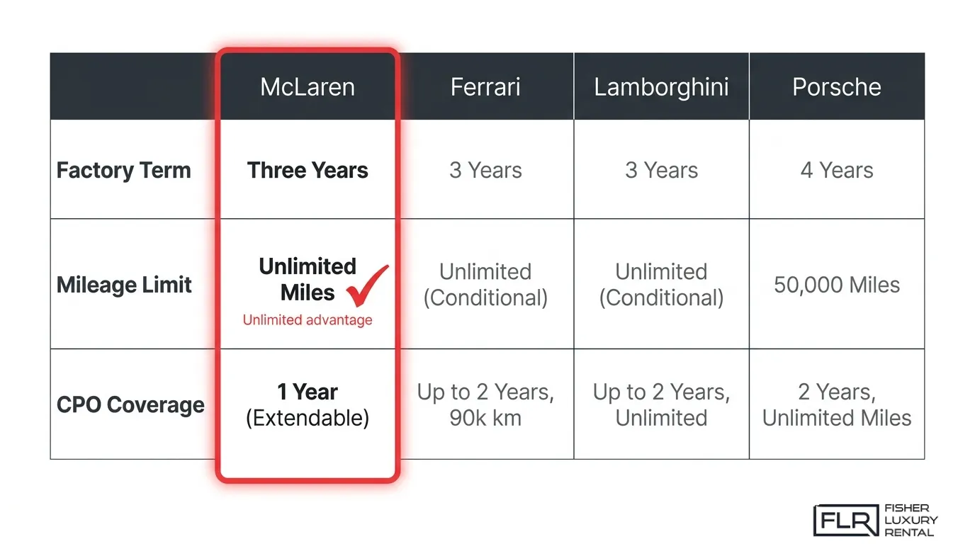 McLaren warranty comparison chart showing factory term, mileage limit, and CPO coverage against Ferrari, Lamborghini, and Porsche.