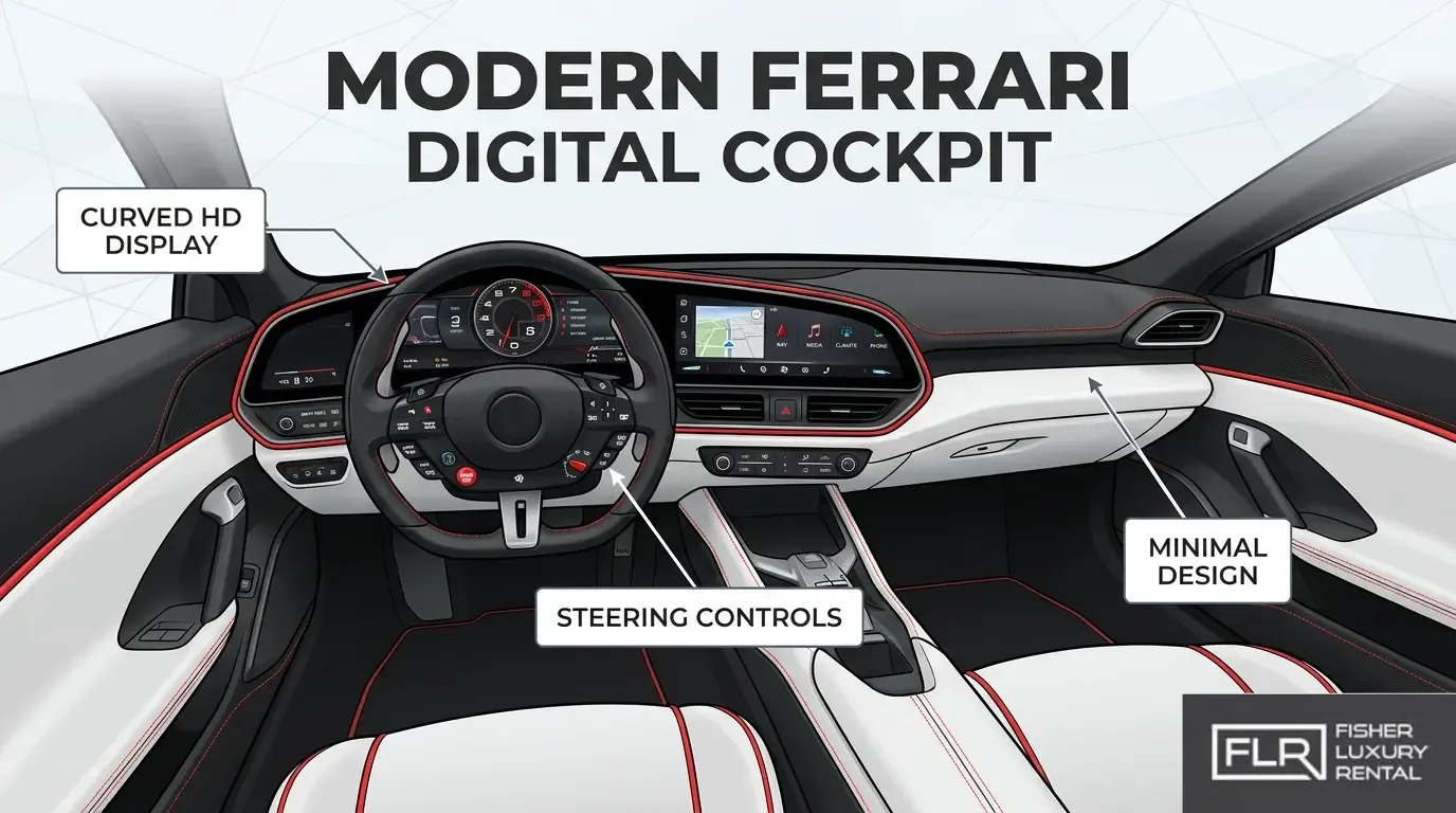 Modern Ferrari digital cockpit featuring a curved HD driver display, multifunction steering wheel controls, minimalist dashboard, and touchscreen infotainment system.