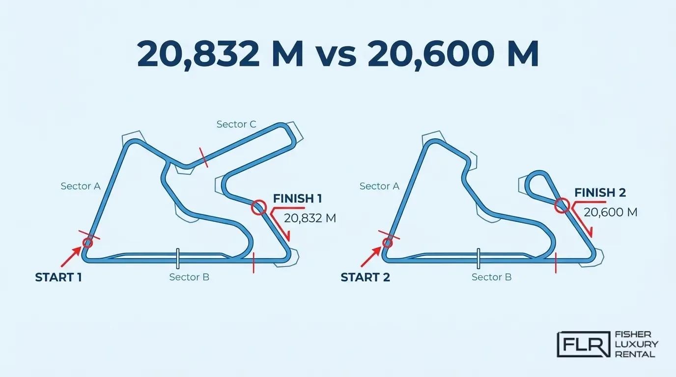 Nürburgring track layout comparison showing 20,832 m vs 20,600 m lap distance