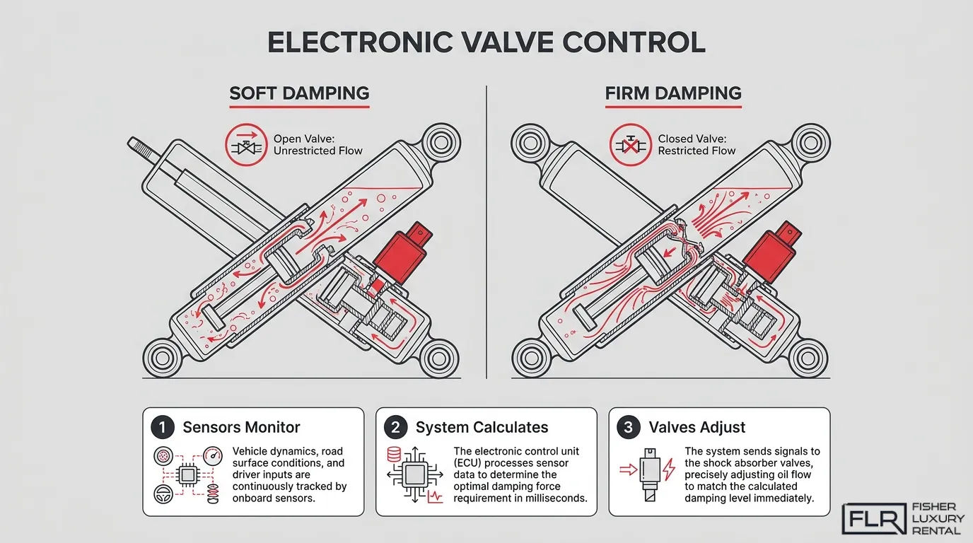 Electronic valve control diagram for Porsche PASM showing soft damping, firm damping, sensors, ECU calculations, and damper valve adjustment.