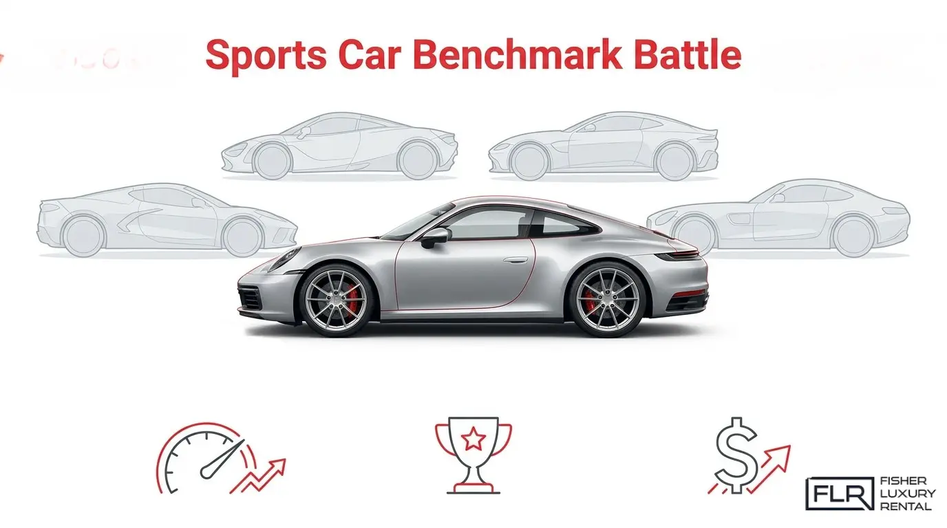 Sports car benchmark comparison graphic featuring a Porsche 911 against rival performance cars with speed, trophy, and value icons.