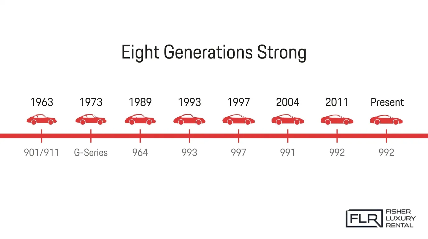 Porsche 911 generations timeline from 1963 to present showing 901/911, G-Series, 964, 993, 997, 991, and 992 models.