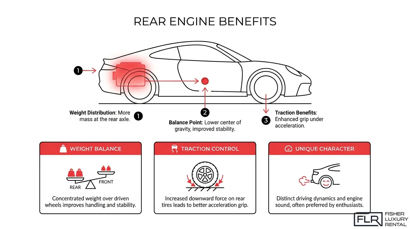 Porsche 911 rear engine layout diagram showing weight balance, traction control, rear axle grip, and unique driving dynamics.