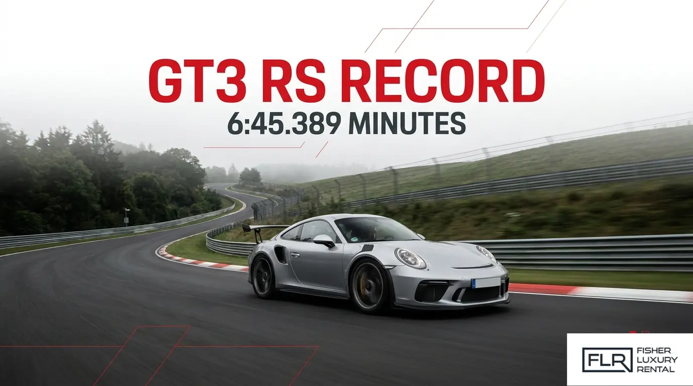 Porsche GT3 RS on Nürburgring track highlighting 6:45.389 minute lap record