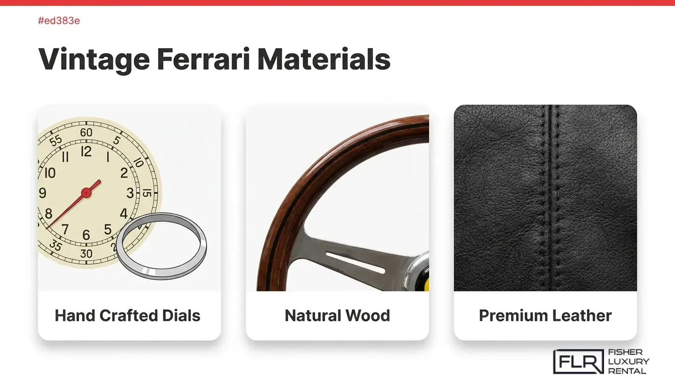 Vintage Ferrari interior materials including handcrafted analog gauges, natural wood steering wheel, and premium leather upholstery.