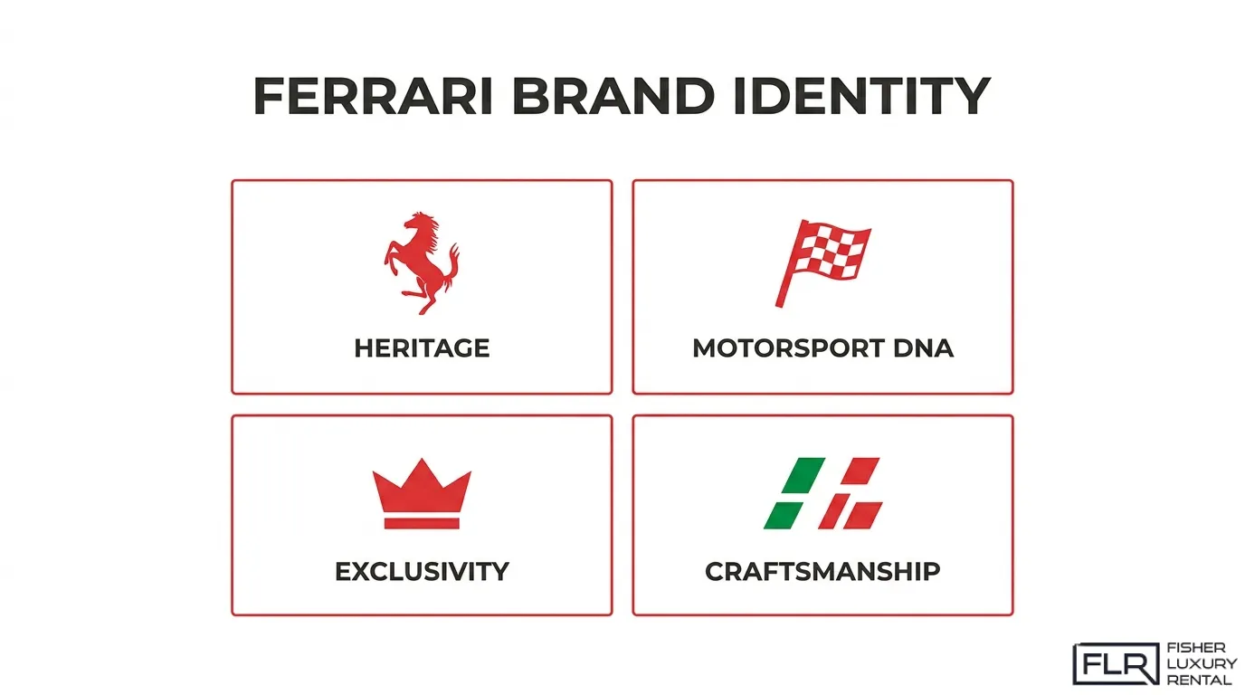 Ferrari brand identity infographic highlighting heritage, motorsport DNA, exclusivity, and Italian craftsmanship.