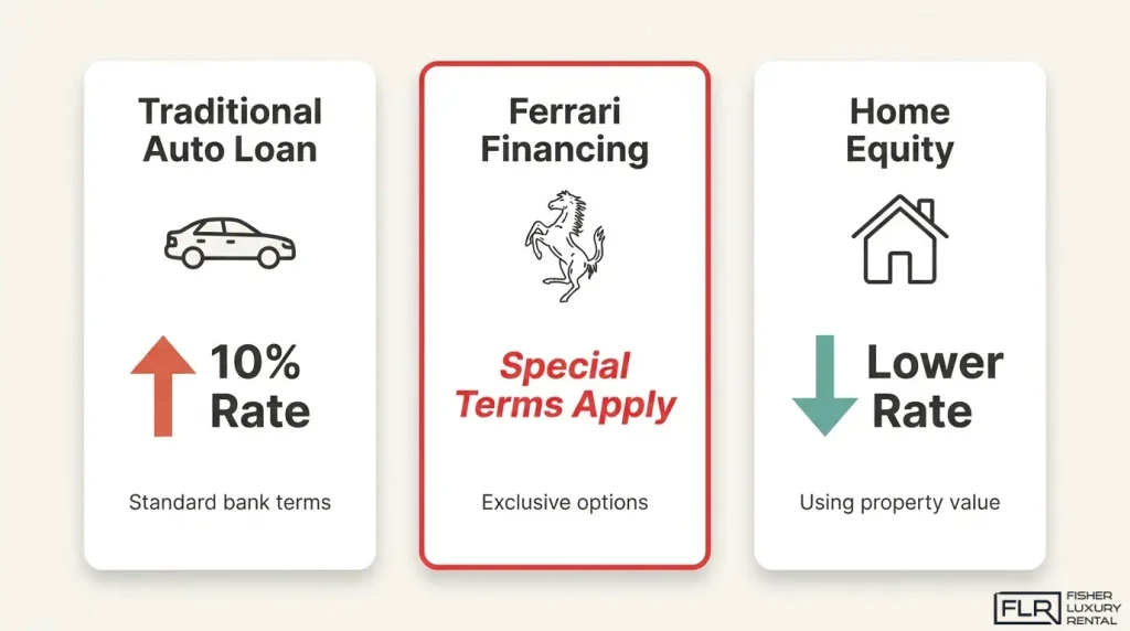 Ferrari financing options comparison showing traditional auto loans, Ferrari financing with special terms, and home equity financing.