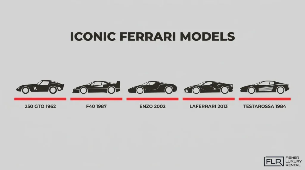 Iconic Ferrari models infographic featuring the 250 GTO, F40, Enzo, LaFerrari, and Testarossa with their production years.