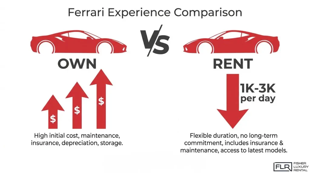 Ferrari rental vs ownership infographic comparing the high costs of owning a Ferrari with rental pricing of about $1K–$3K per day and greater flexibility.