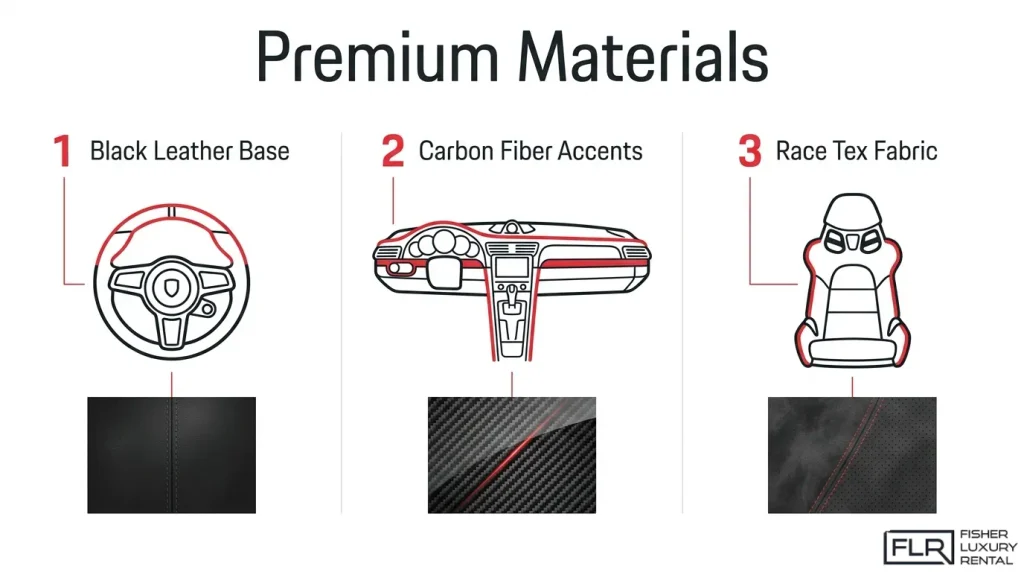 Porsche GT3 premium interior materials including leather, carbon fiber, and Race-Tex