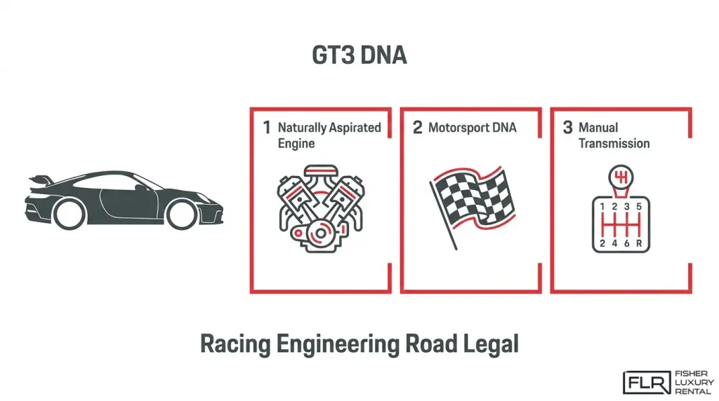 Porsche GT3 DNA with naturally aspirated engine, motorsport heritage, and manual transmission