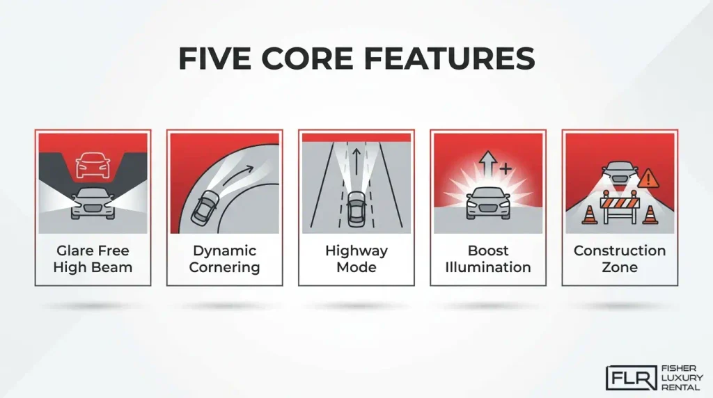 Matrix LED headlight features including glare-free high beam and dynamic cornering