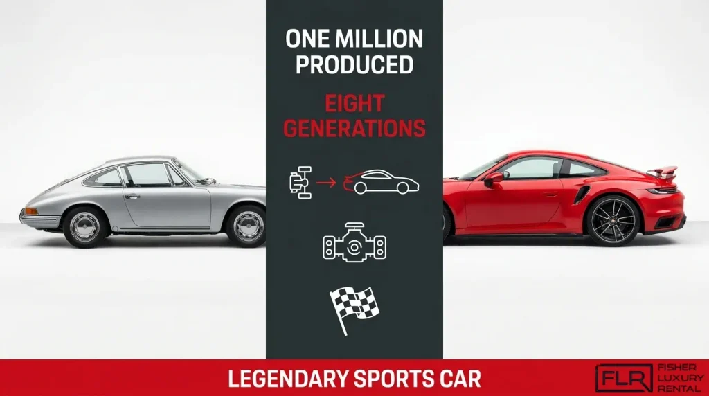 Porsche 911 evolution infographic highlighting eight generations and one million cars produced