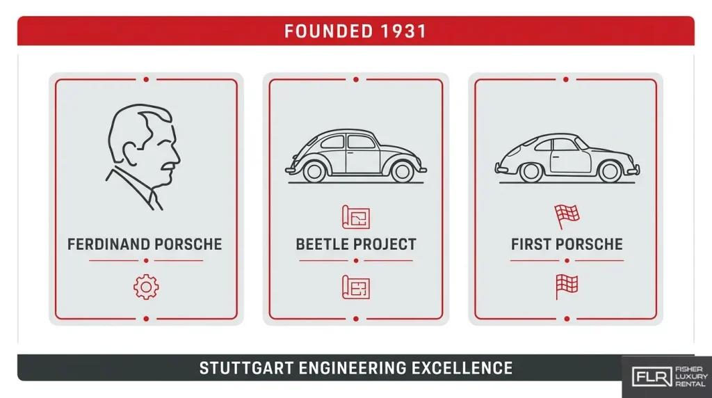 Porsche founding history infographic featuring Ferdinand Porsche, the Beetle project, and the first Porsche