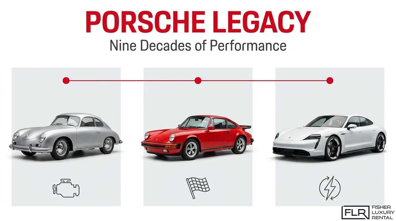 Porsche legacy infographic showing nine decades of performance and vehicle evolution