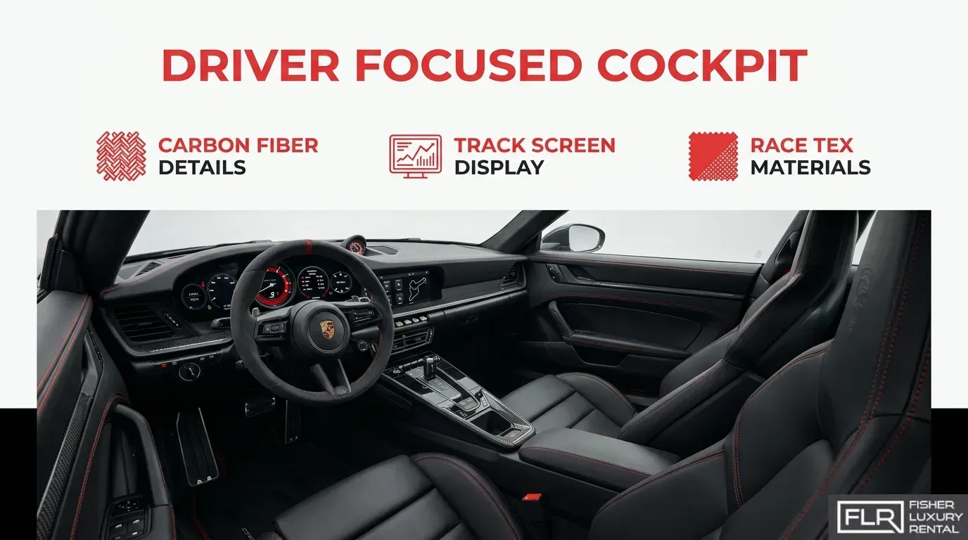 Porsche GT3 driver-focused cockpit with carbon fiber and Race-Tex details