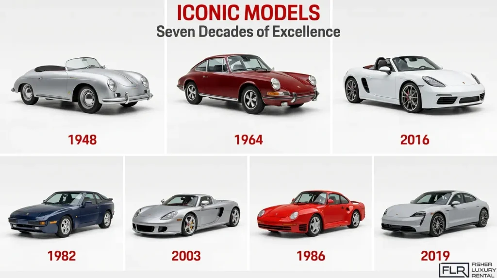 Iconic Porsche models spanning seven decades of automotive history