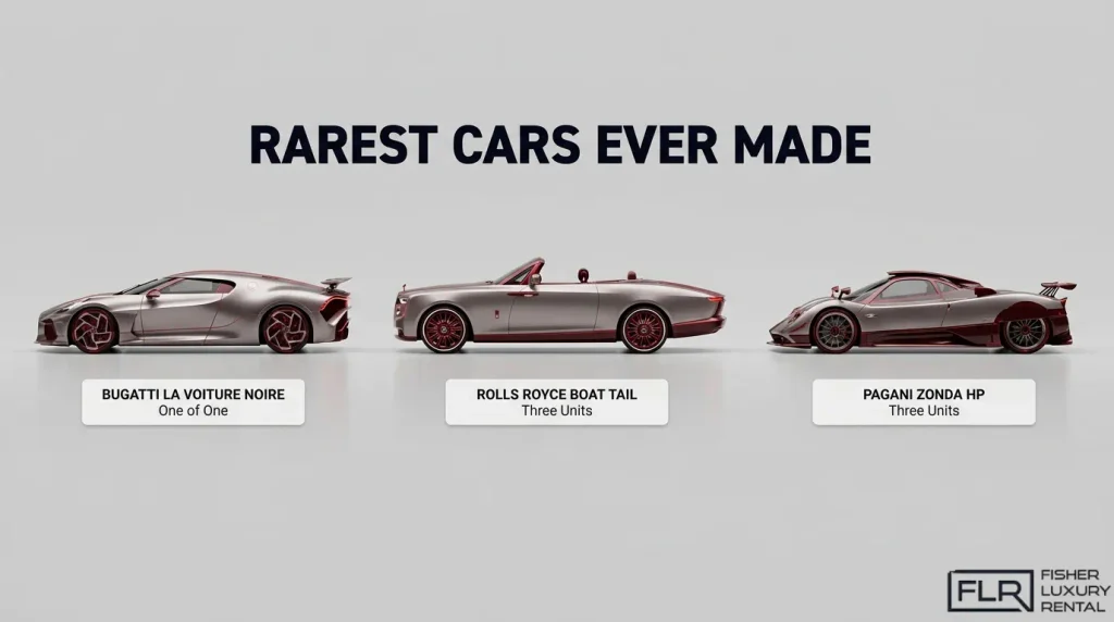 Rarest cars ever made, including Bugatti La Voiture Noire, Rolls-Royce Boat Tail, and Pagani Zonda HP