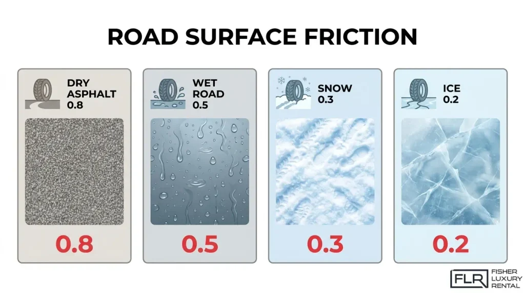 Road surface friction comparison for dry asphalt, wet roads, snow, and ice