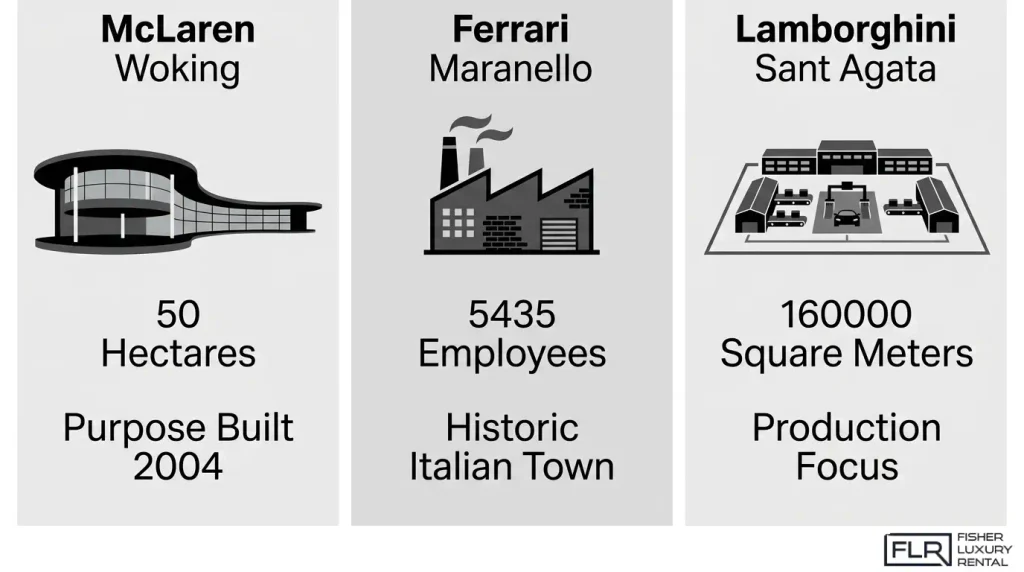 McLaren, Ferrari, and Lamborghini headquarters comparison