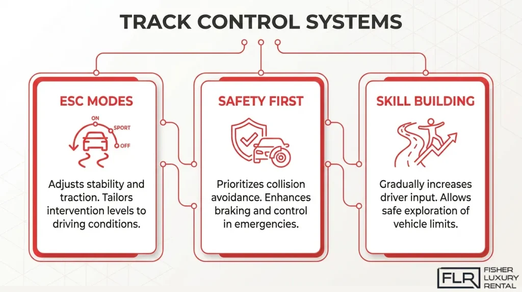 Track control systems for stability, safety, and driver skill building
