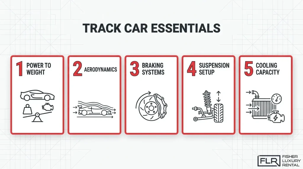 Track car essentials infographic highlighting power-to-weight ratio, aerodynamics, braking systems, suspension setup, and cooling capacity.