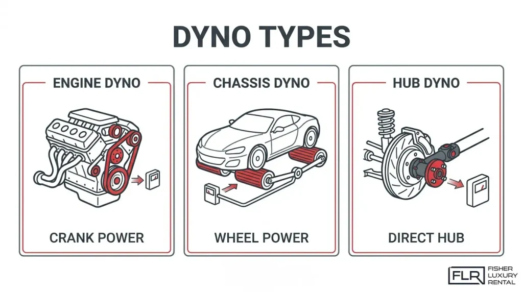 Engine, chassis, and hub dyno types