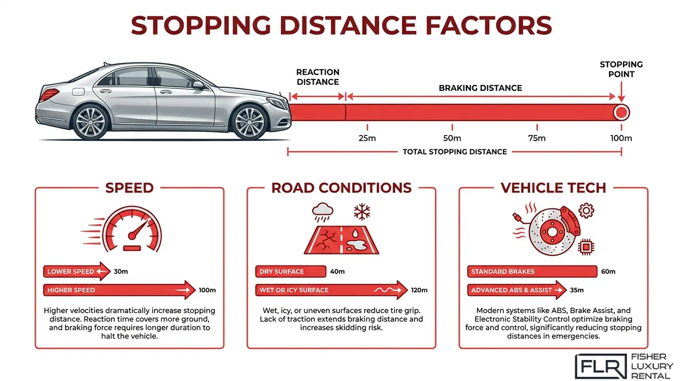 Factors affecting vehicle stopping distance, including speed, road conditions, and braking technology
