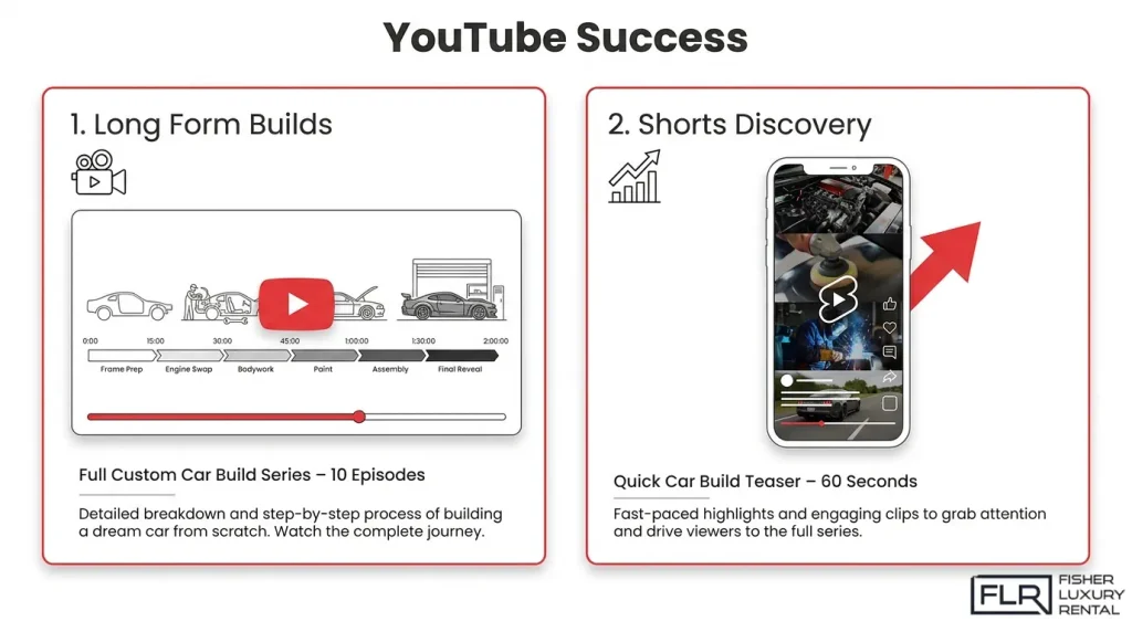 YouTube strategy for long-form car builds and Shorts