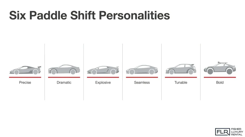 Comparison of six paddle shift driving characteristics including precise, dramatic, explosive, seamless, tunable, and bold