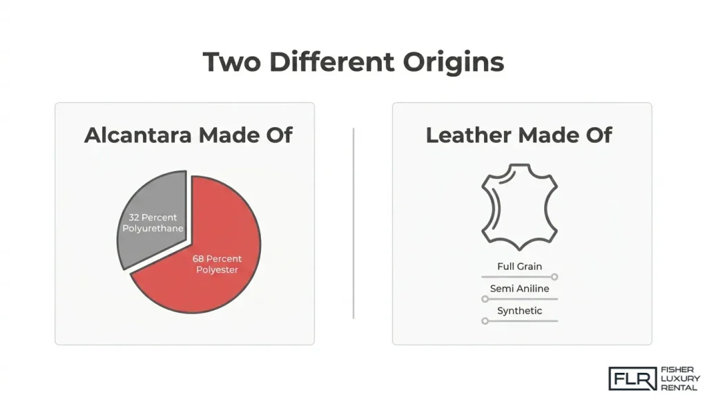 Alcantara composition compared with leather types, including full-grain, semi-aniline, and synthetic leather