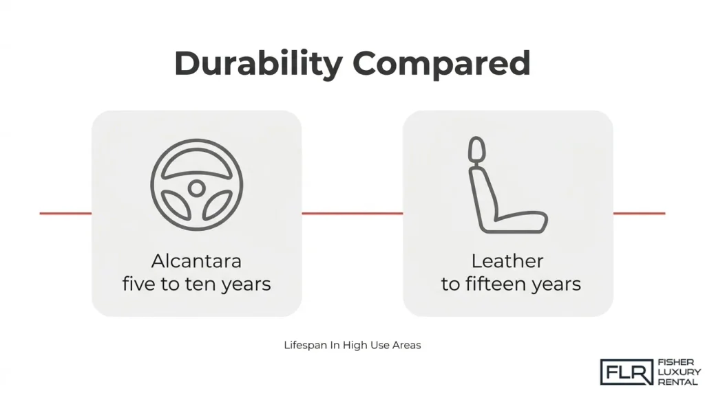 Alcantara vs leather durability comparison showing estimated lifespan in high-use automotive areas