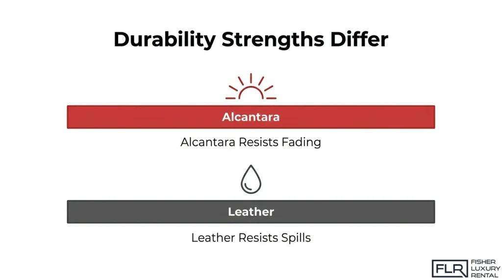 Alcantara vs leather durability comparison showing fade resistance and spill resistance