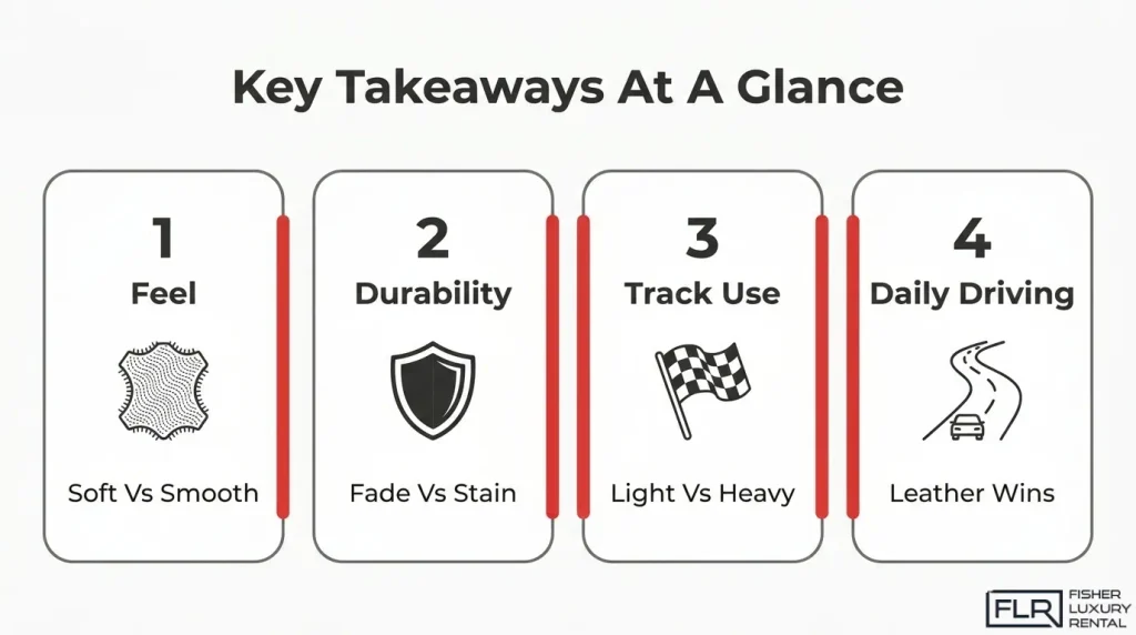 Alcantara vs leather key takeaways comparing feel, durability, track use, and daily driving