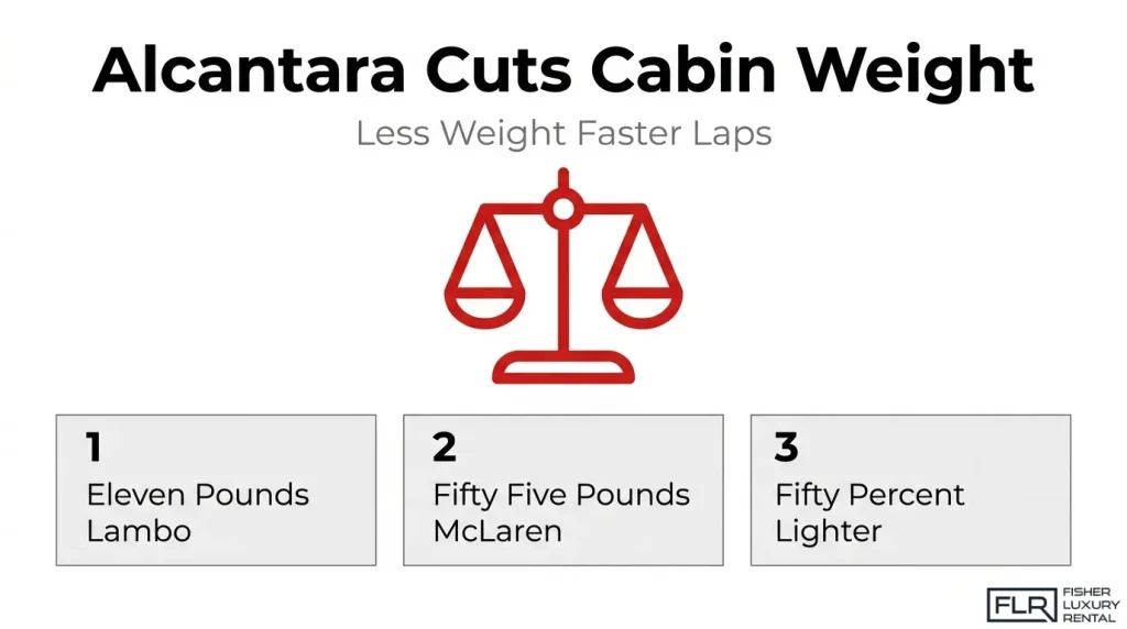 Alcantara weight savings infographic showing reduced cabin weight in performance cars