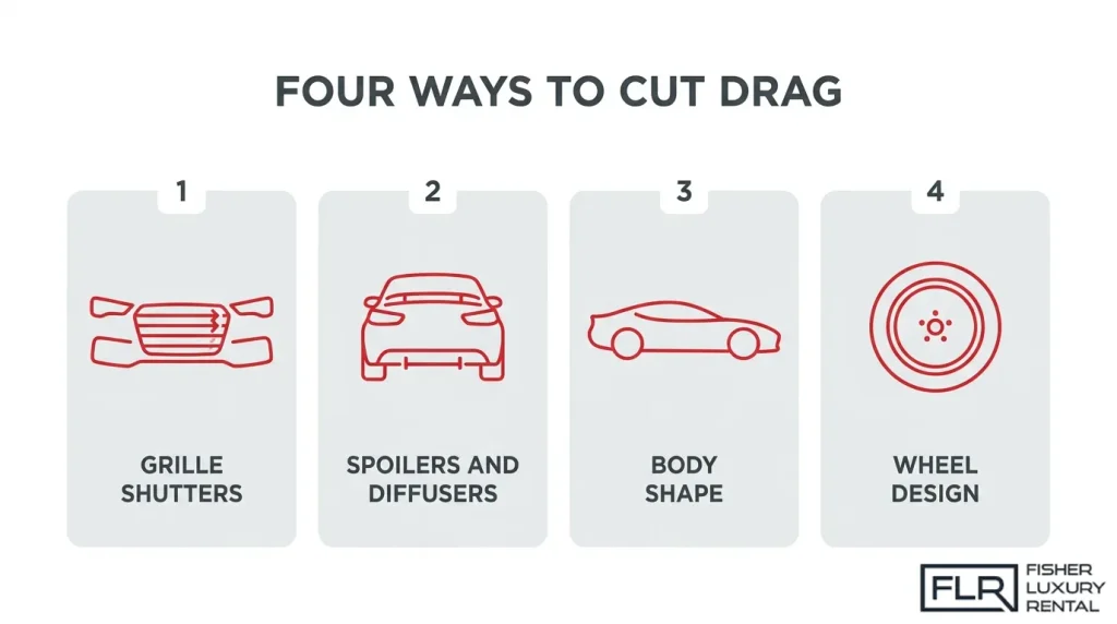Automotive drag reduction techniques including grille shutters, spoilers, diffusers, body shape, and wheel design