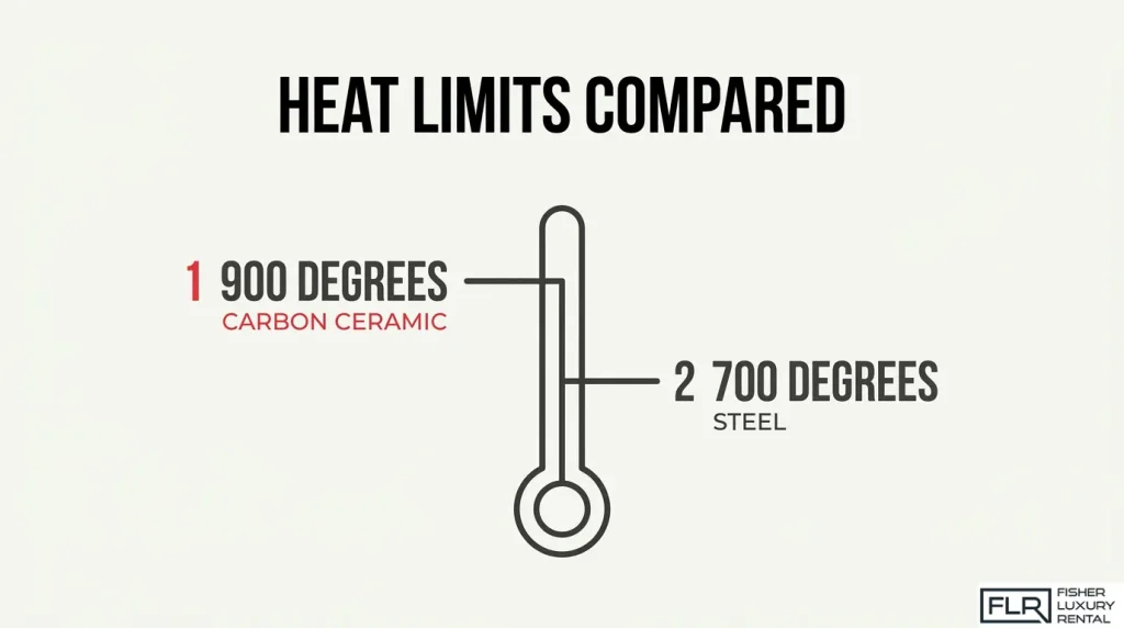 Carbon ceramic vs steel brakes heat resistance comparison showing temperature performance limits