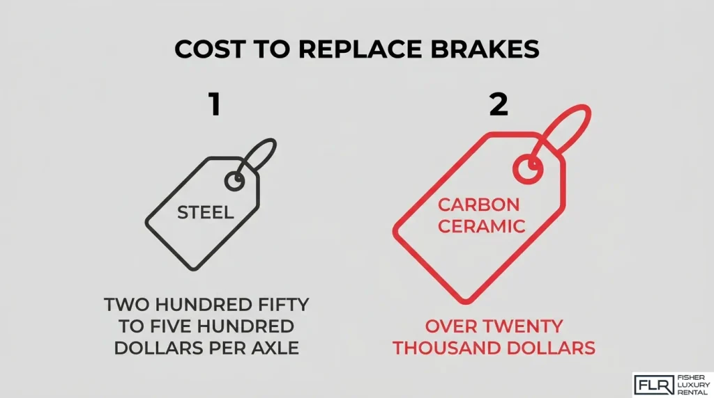 Carbon ceramic vs steel brake replacement cost comparison showing premium and standard brake service expenses