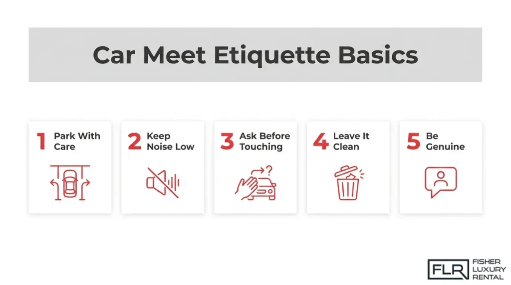 Car meet etiquette basics including parking carefully, reducing noise, asking before touching vehicles, and respecting owners
