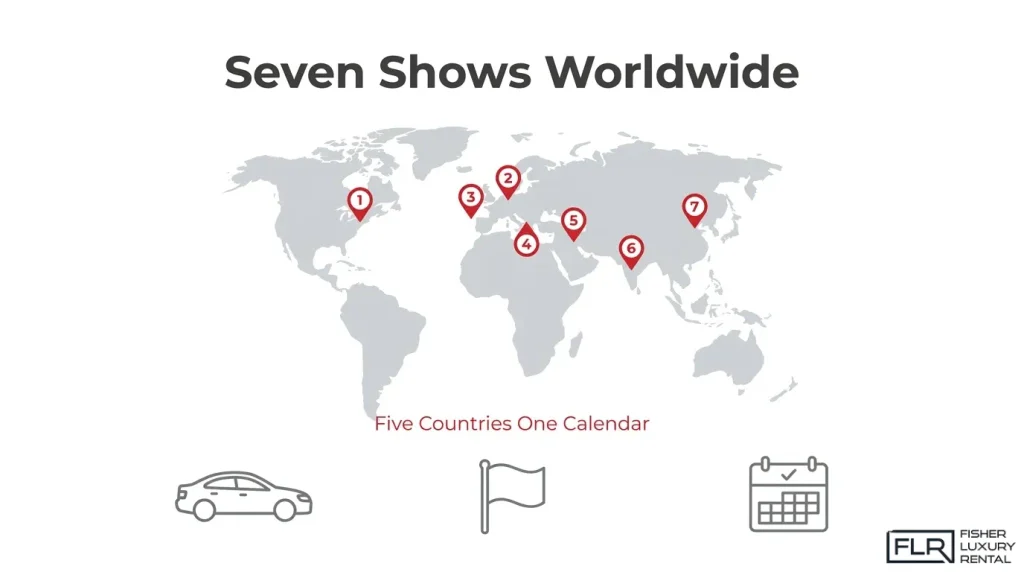 World map showing seven major international car shows taking place in 2026