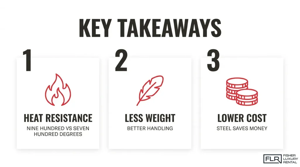 Key takeaways comparing carbon ceramic and steel brakes for heat resistance, weight reduction, and cost differences