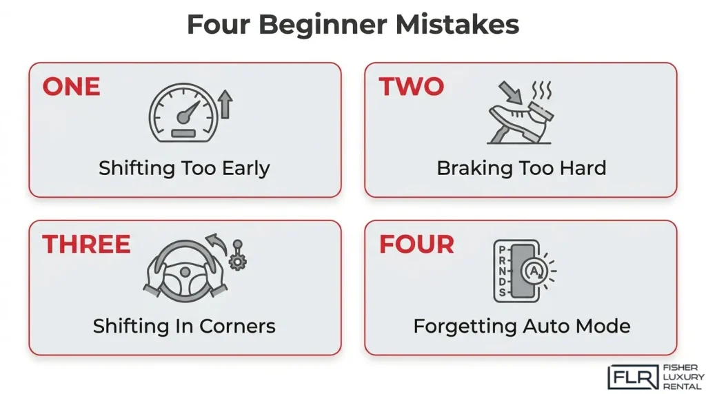 Four common paddle shifter beginner mistakes including shifting too early, hard braking, shifting in corners, and forgetting automatic mode