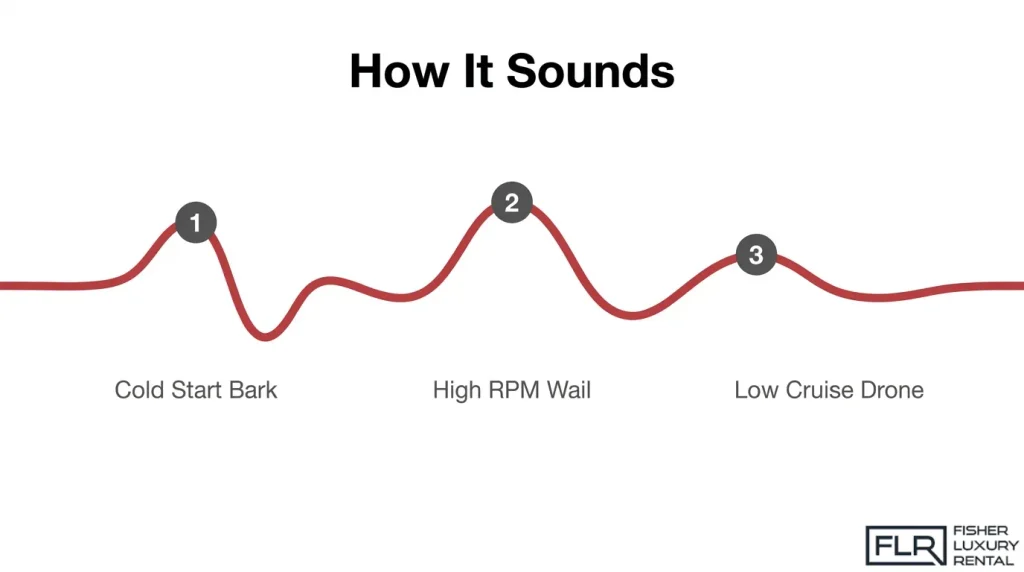 McLaren exhaust sound profile showing cold start bark, high RPM wail, and low cruise drone characteristics