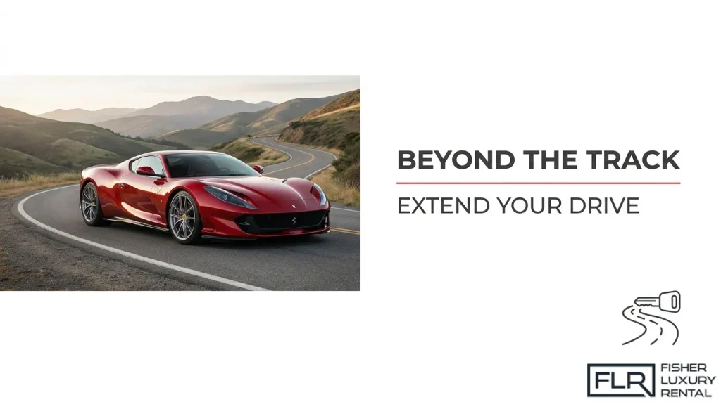 Ferrari supercar driving experience beyond the track on a scenic road with Fisher Luxury Rental branding