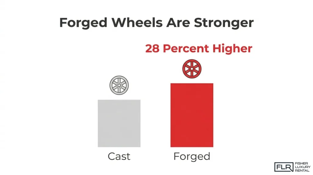 Forged wheels compared with cast wheels showing 28 percent higher strength