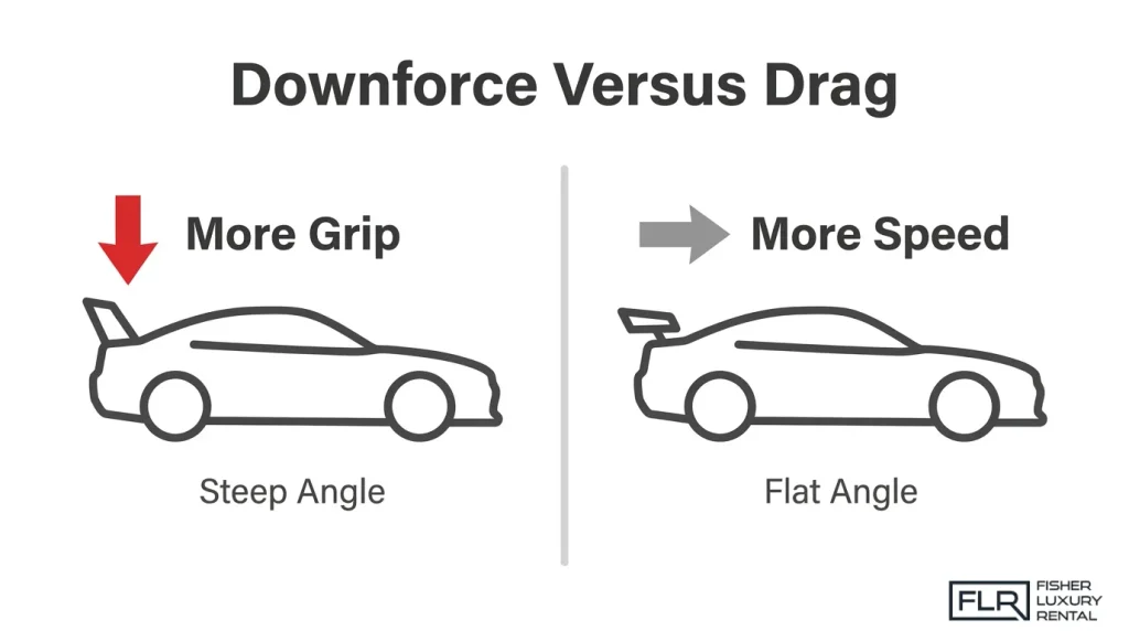 Porsche GT3 RS wing angle comparison showing the balance between downforce, grip, drag, and top speed